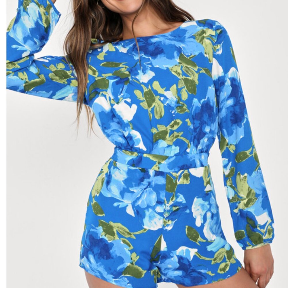 Lulu’s Carolita Royal Blue Floral Print Long Sleeve Romper